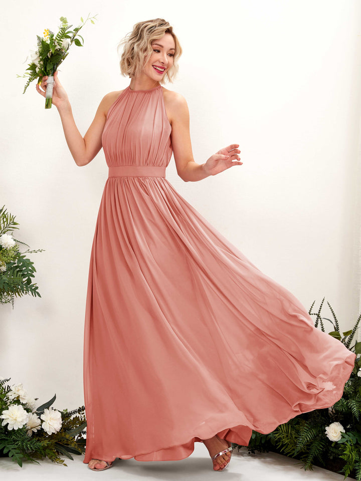 Carlyna Vestido Línea A Hasta el suelo Cuello redondo Gasa Vestidos de dama de honor Rosa Champán 