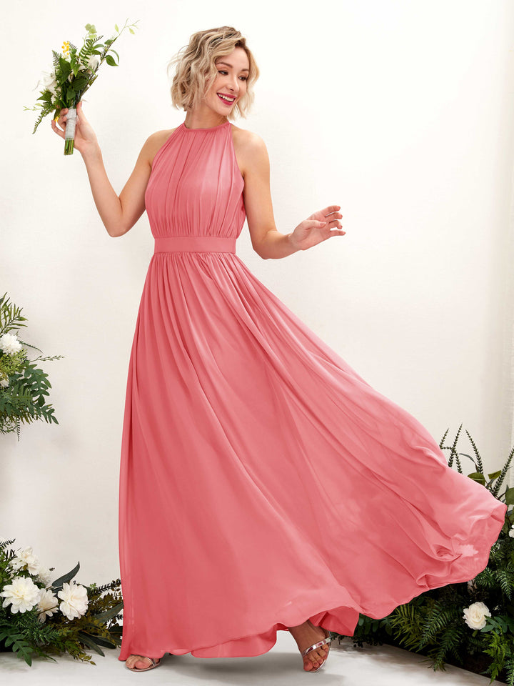 Carlyna Vestido Línea A Hasta el suelo Cuello redondo Gasa Vestidos de dama de honor Rosa Coral 