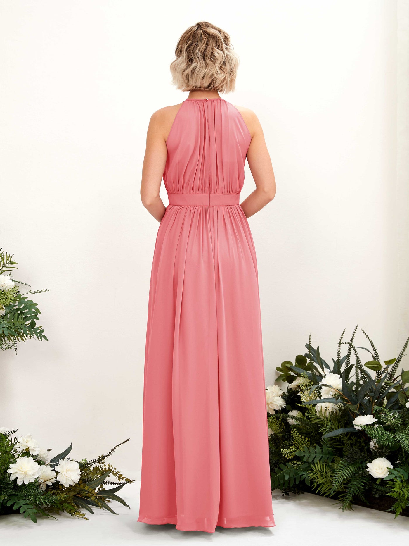 Carlyna Vestido Línea A Hasta el suelo Cuello redondo Gasa Vestidos de dama de honor Rosa Coral #color_rosa-coral