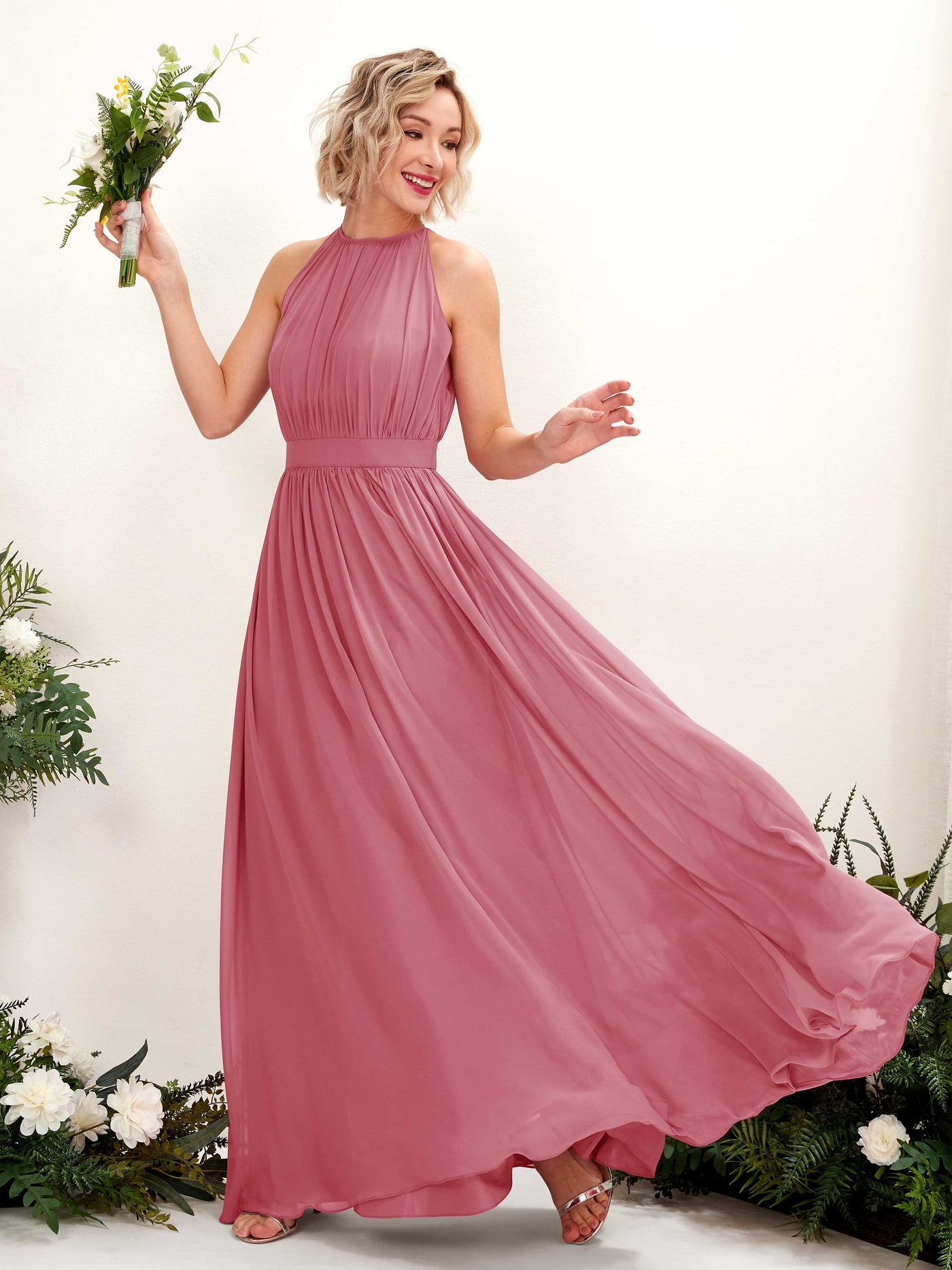 Carlyna Vestido Línea A Hasta el suelo Cuello redondo Gasa Vestidos de dama de honor Rosa Del Desierto #color_rosa-del-desierto