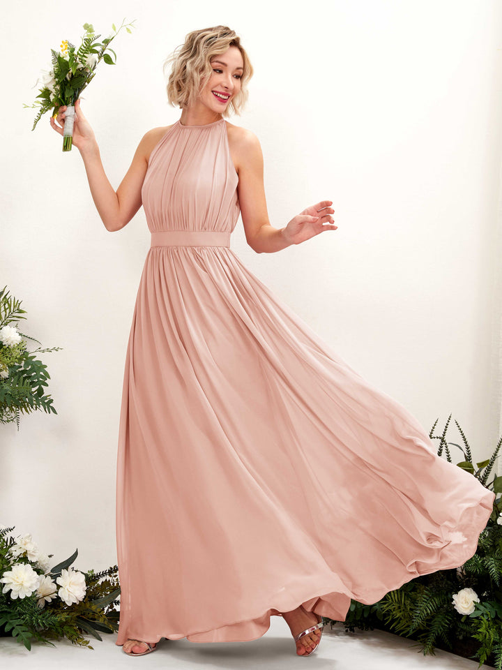 Carlyna Vestido Línea A Hasta el suelo Cuello redondo Gasa Vestidos de dama de honor Rosa Perla 