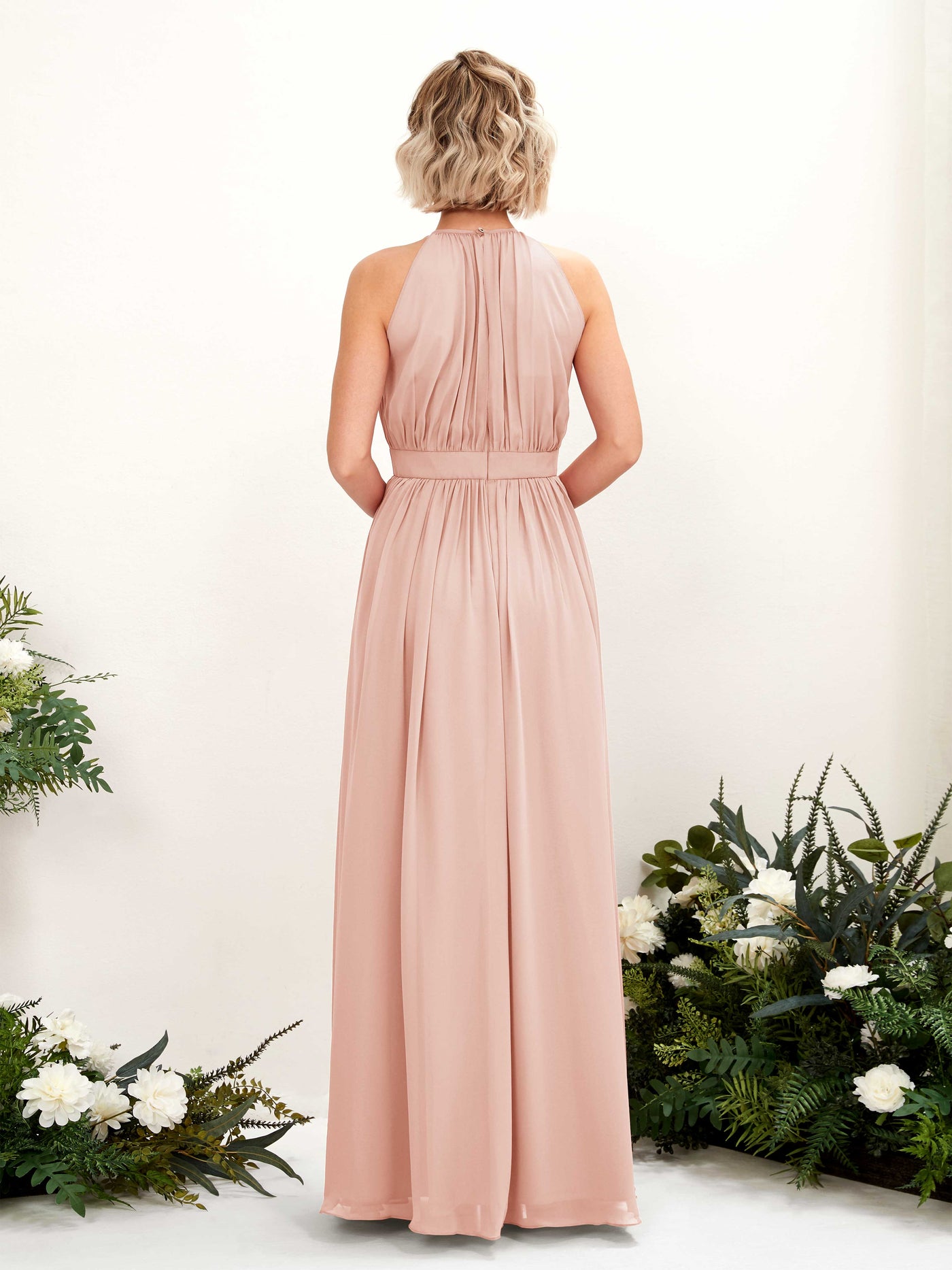 Carlyna Vestido Línea A Hasta el suelo Cuello redondo Gasa Vestidos de dama de honor Rosa Perla #color_rosa-perla