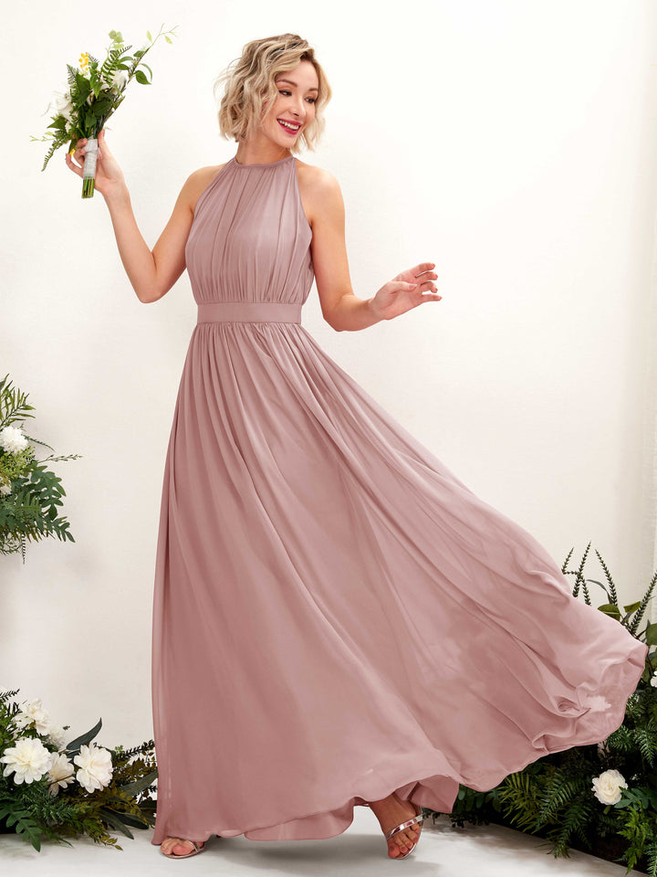Carlyna Vestido Línea A Hasta el suelo Cuello redondo Gasa Vestidos de dama de honor Rosa Polvorienta 