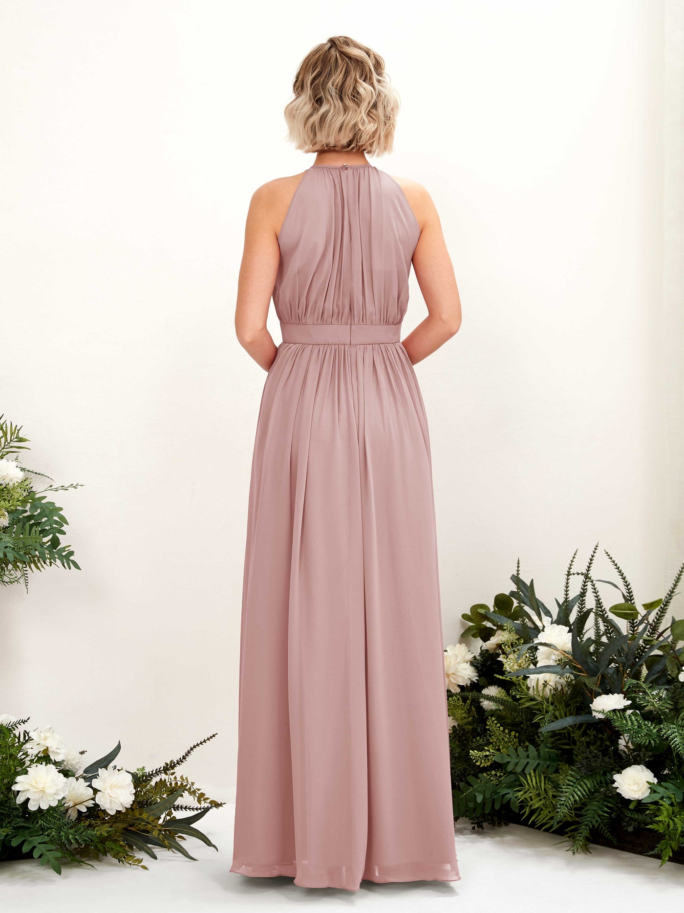 Carlyna Vestido Línea A Hasta el suelo Cuello redondo Gasa Vestidos de dama de honor Rosa Polvorienta #color_rosa-polvorienta