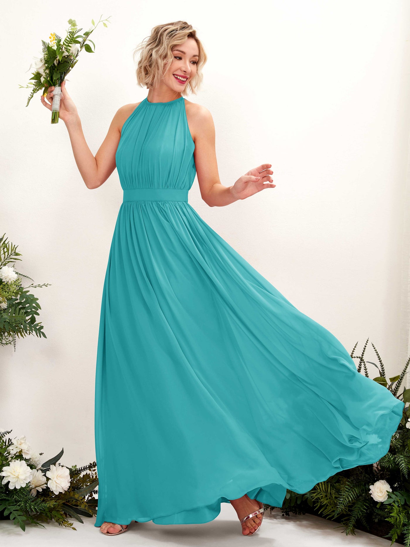 Carlyna Vestido Línea A Hasta el suelo Cuello redondo Gasa Vestidos de dama de honor Turquesa #color_turquesa