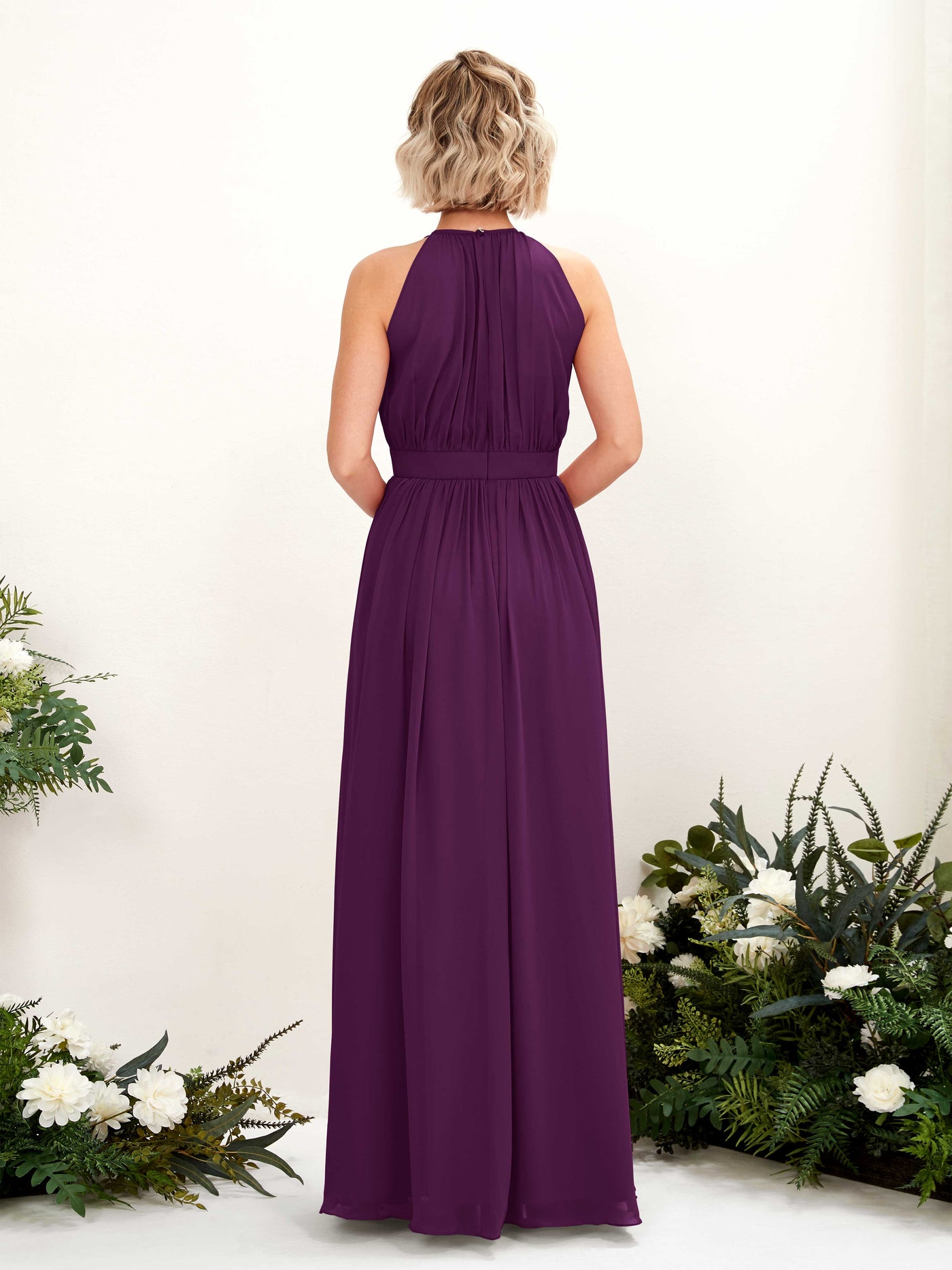 Carlyna Vestido Línea A Hasta el suelo Cuello redondo Gasa Vestidos de dama de honor Uva #color_uva