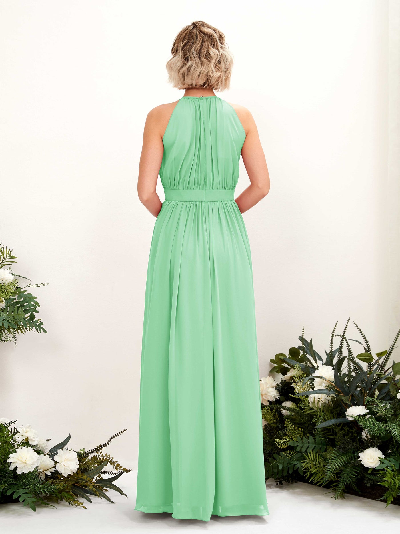 Carlyna Vestido Línea A Hasta el suelo Cuello redondo Gasa Vestidos de dama de honor Verde Menta #color_verde-menta