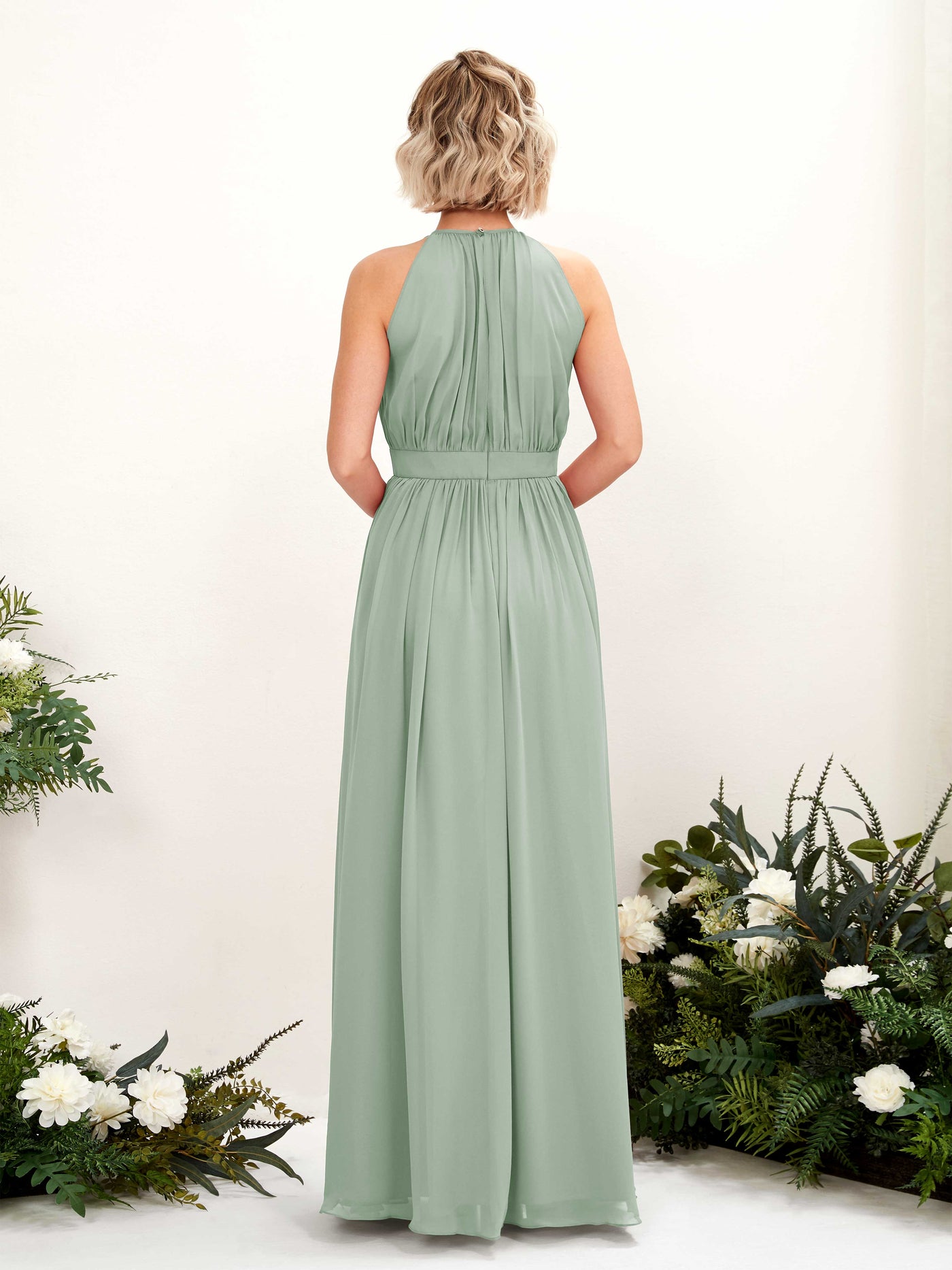 Carlyna Vestido Línea A Hasta el suelo Cuello redondo Gasa Vestidos de dama de honor Verde Salvia #color_verde-salvia