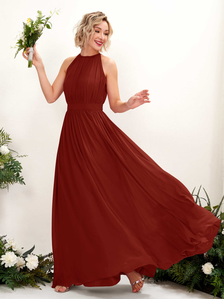 Carlyna Vestido Línea A Hasta el suelo Cuello redondo Gasa Vestidos de dama de honor Óxido 