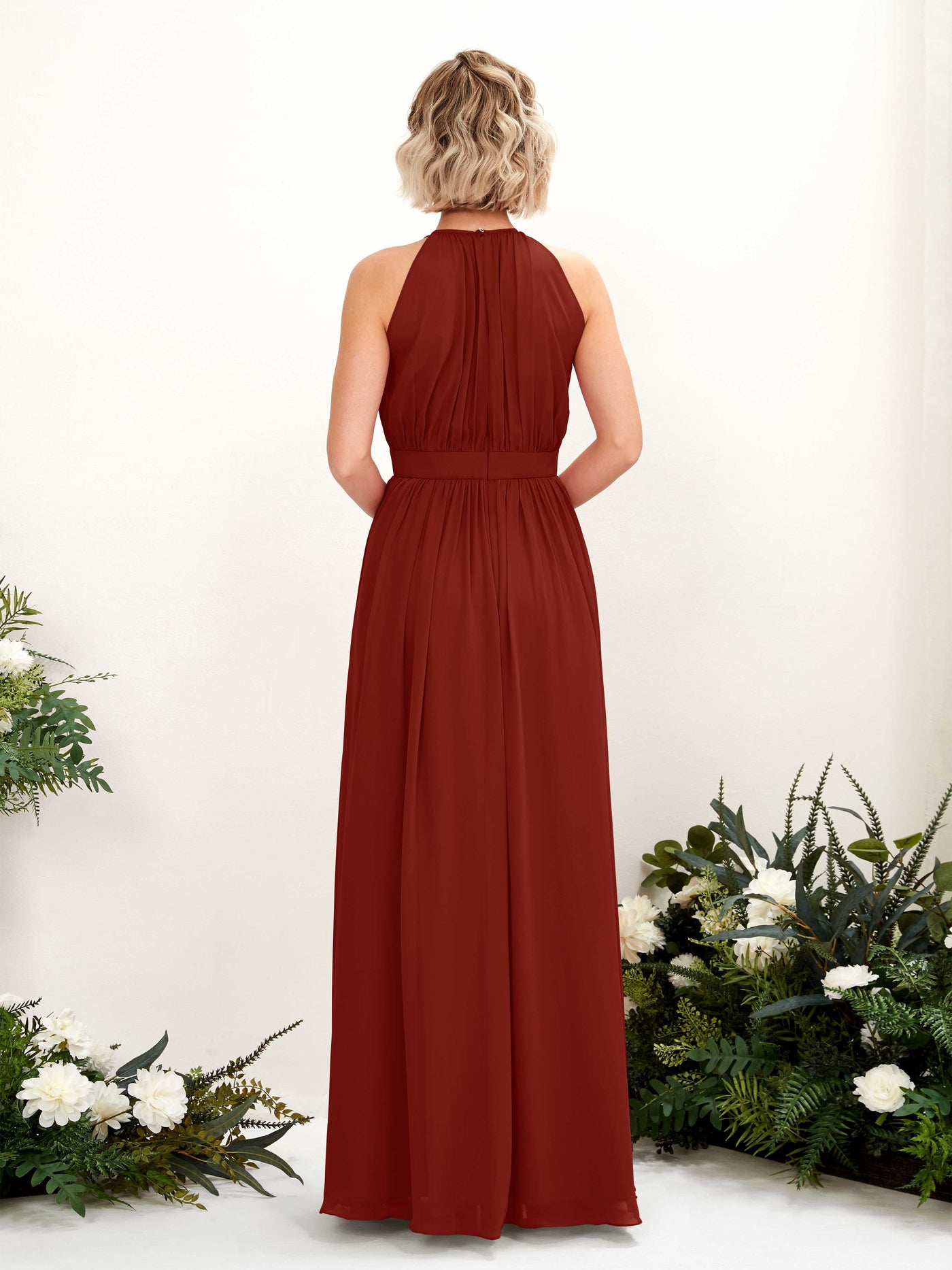 Carlyna Vestido Línea A Hasta el suelo Cuello redondo Gasa Vestidos de dama de honor Óxido #color_xido