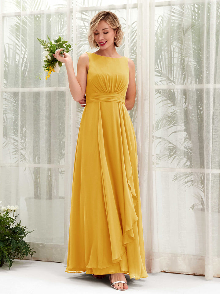 Carlyna Vestido línea A hasta el suelo escote bandeja dama de honor Amarillo Mostaza 