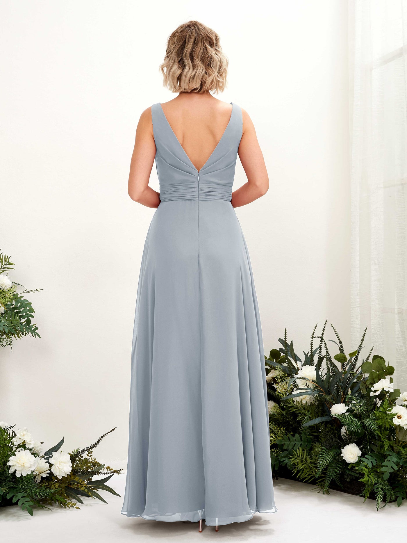 Carlyna Vestido línea A hasta el suelo escote bandeja dama de honor Azul Empolvado Mejorado #color_azul-empolvado-mejorado
