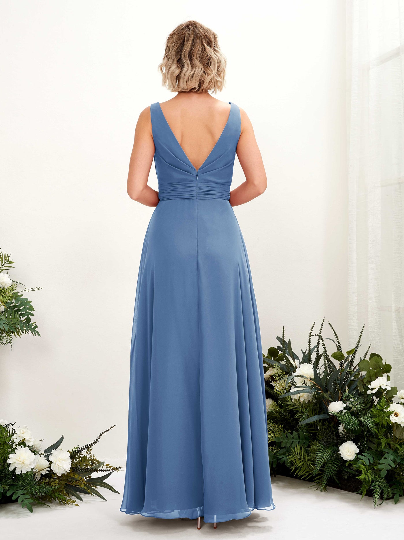 Carlyna Vestido línea A hasta el suelo escote bandeja dama de honor Azul polvoriento #color_azul-polvoriento