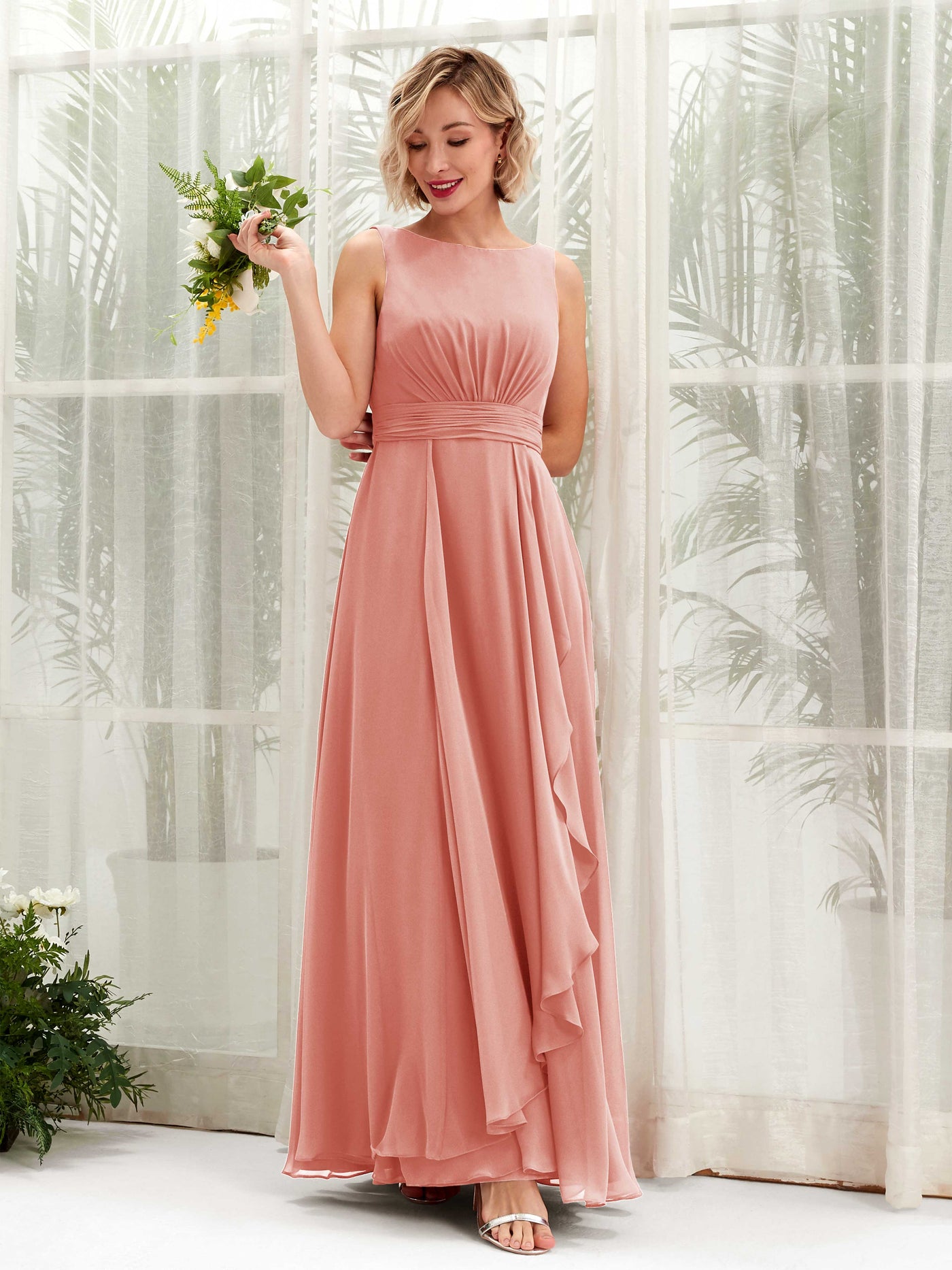 Carlyna Vestido línea A hasta el suelo escote bandeja dama de honor Rosa Champán #color_rosa-champ-n