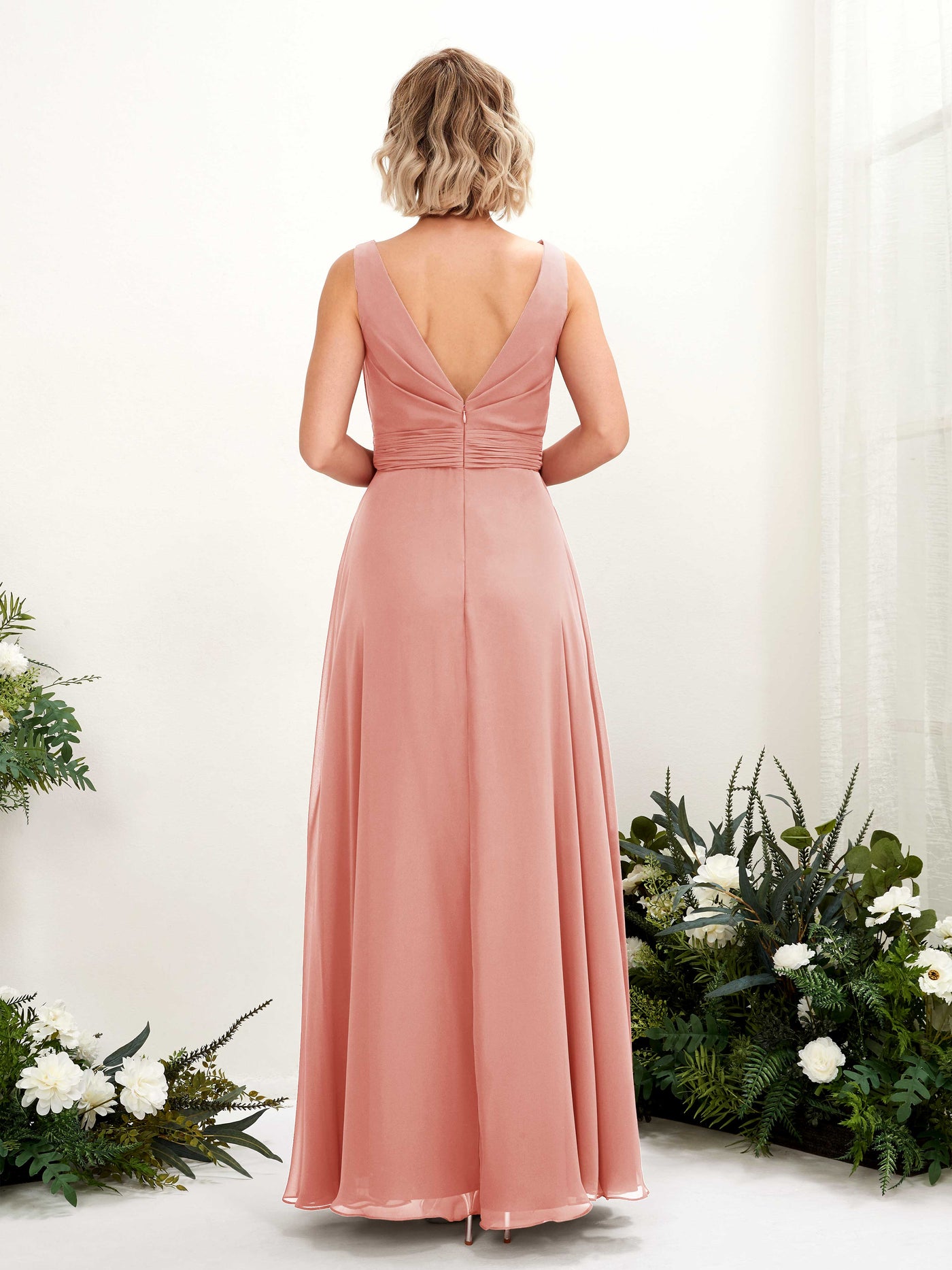 Carlyna Vestido línea A hasta el suelo escote bandeja dama de honor Rosa Champán #color_rosa-champ-n