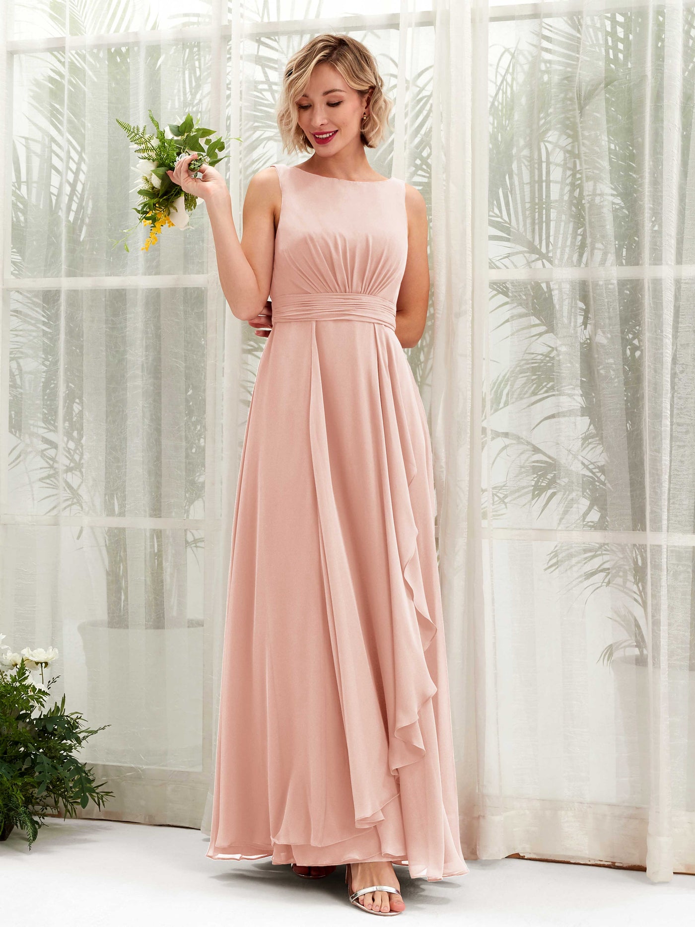 Carlyna Vestido línea A hasta el suelo escote bandeja dama de honor Rosa Perla #color_rosa-perla