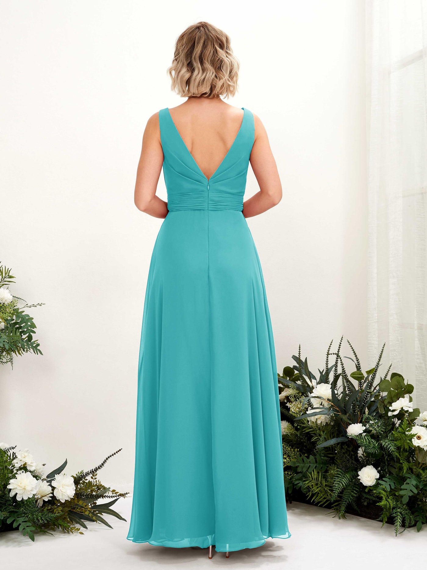Carlyna Vestido línea A hasta el suelo escote bandeja dama de honor Turquesa #color_turquesa