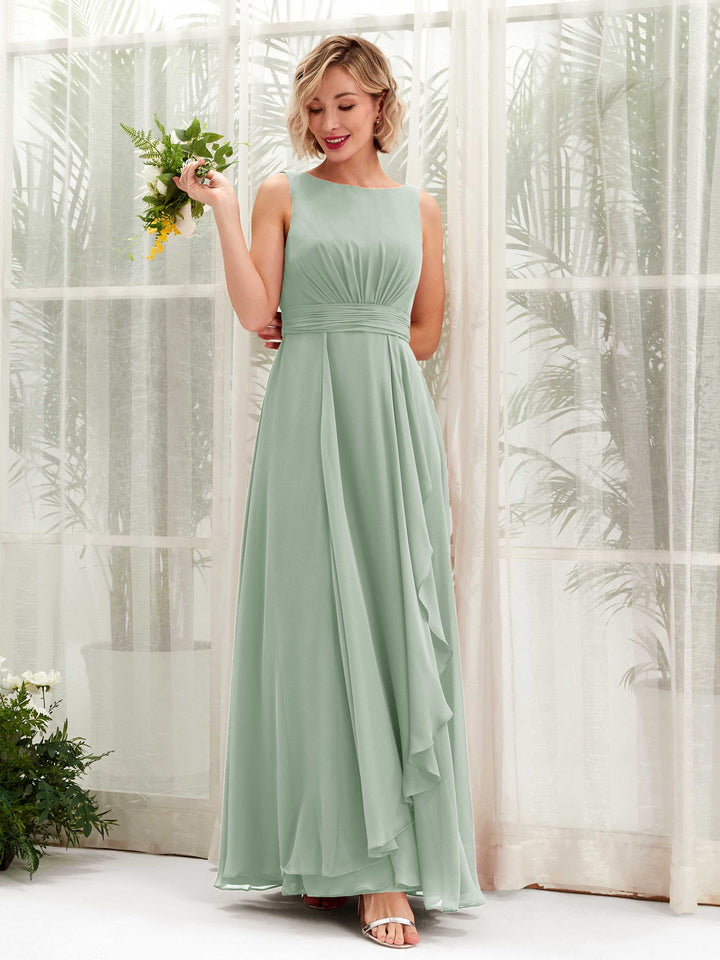 Carlyna Vestido línea A hasta el suelo escote bandeja dama de honor Verde Salvia 