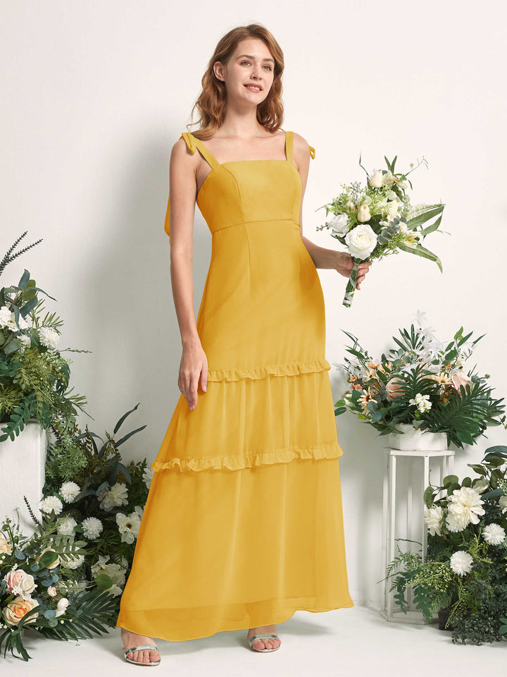 Carlyna Vestido Línea A Hasta el Suelo Escote Derecho Volantes Gasa dama de honor Amarillo Mostaza 