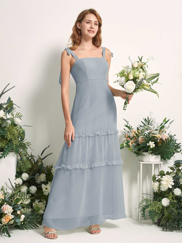 Carlyna Vestido Línea A Hasta el Suelo Escote Derecho Volantes Gasa dama de honor Azul Empolvado Mejorado 