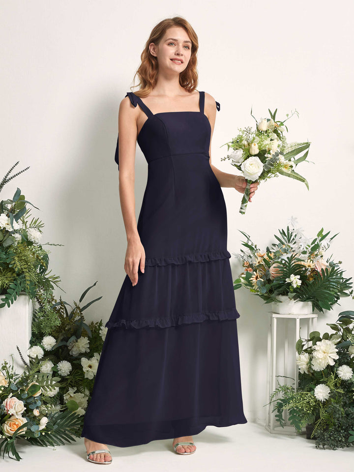 Carlyna Vestido Línea A Hasta el Suelo Escote Derecho Volantes Gasa dama de honor Azul Marino Oscuro 