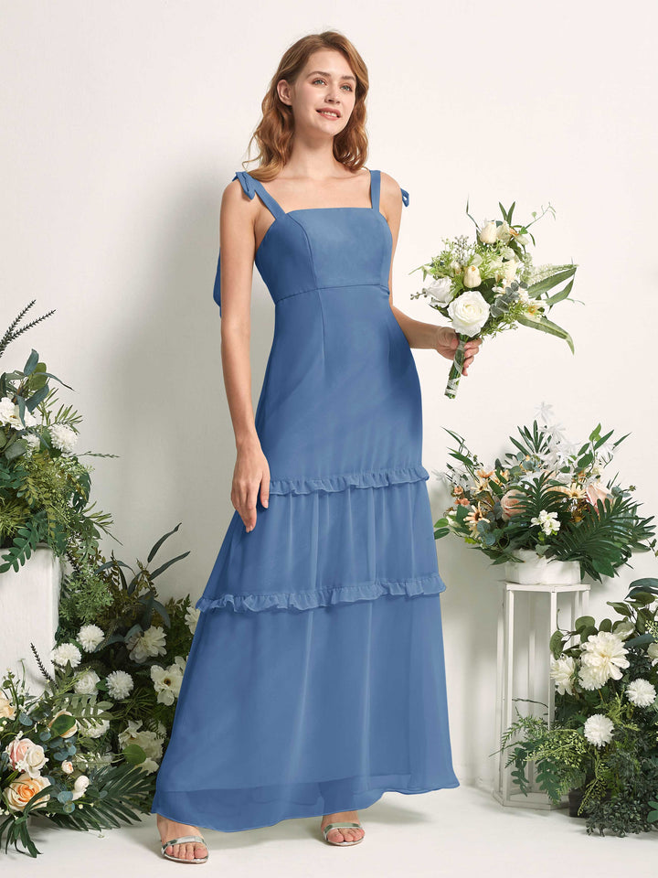 Carlyna Vestido Línea A Hasta el Suelo Escote Derecho Volantes Gasa dama de honor Azul polvoriento 