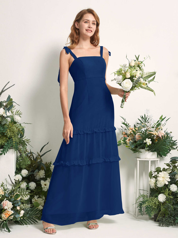 Carlyna Vestido Línea A Hasta el Suelo Escote Derecho Volantes Gasa dama de honor Azul Real 