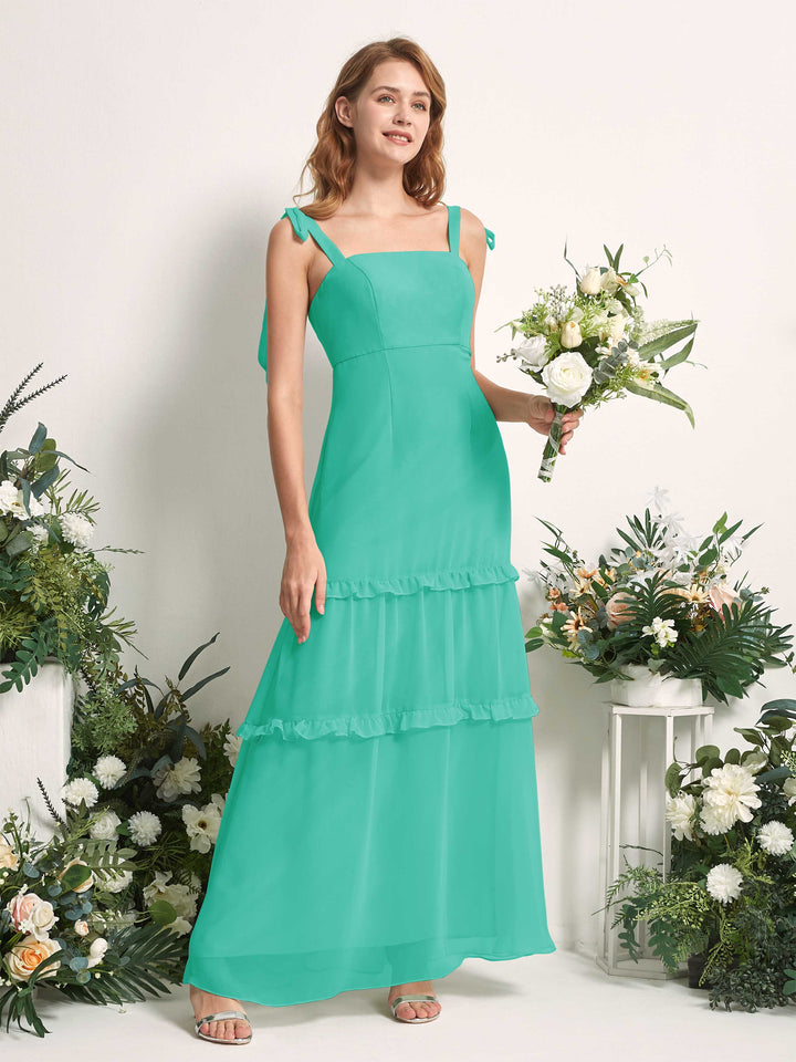Carlyna Vestido Línea A Hasta el Suelo Escote Derecho Volantes Gasa dama de honor Azul Tiffany 