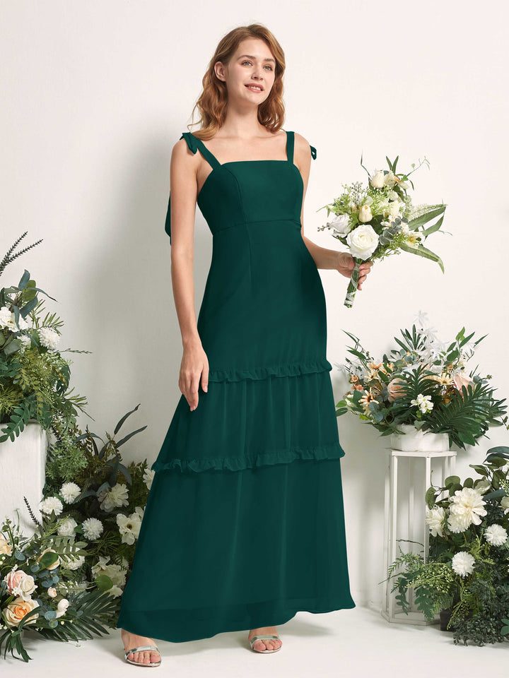 Carlyna Vestido Línea A Hasta el Suelo Escote Derecho Volantes Gasa dama de honor Esmeralda Oscuro 