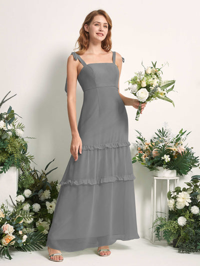 Carlyna Vestido Línea A Hasta el Suelo Escote Derecho Volantes Gasa dama de honor Gris Acero #color_gris-acero