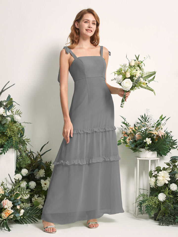 Carlyna Vestido Línea A Hasta el Suelo Escote Derecho Volantes Gasa dama de honor Gris Acero 