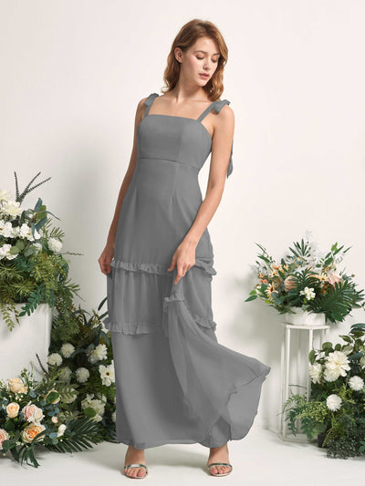 Carlyna Vestido Línea A Hasta el Suelo Escote Derecho Volantes Gasa dama de honor Gris Acero #color_gris-acero