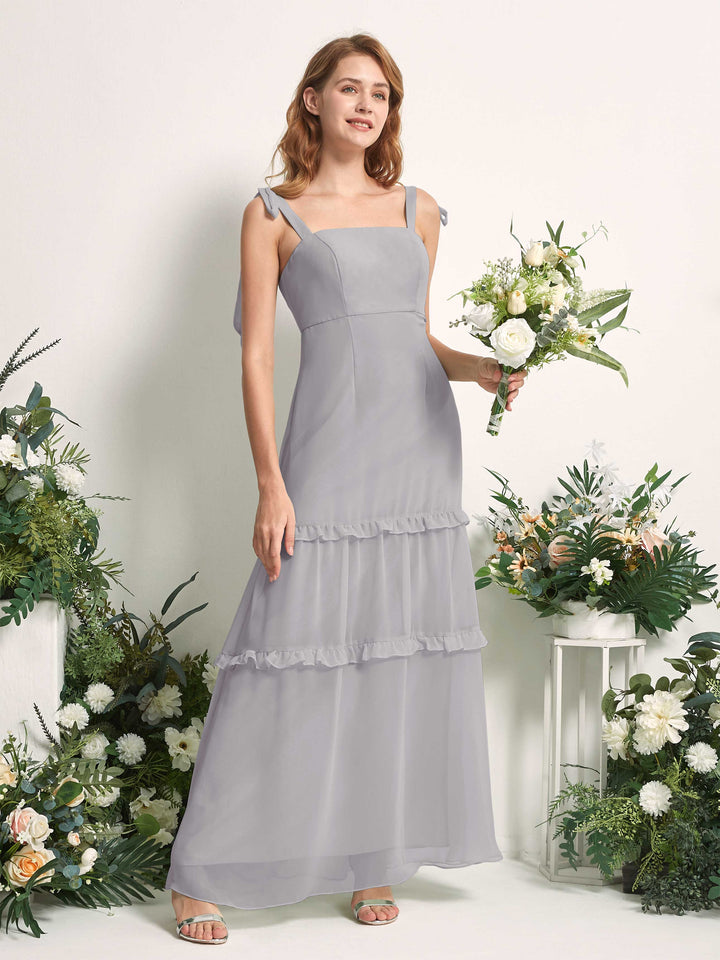 Carlyna Vestido Línea A Hasta el Suelo Escote Derecho Volantes Gasa dama de honor Gris Paloma 