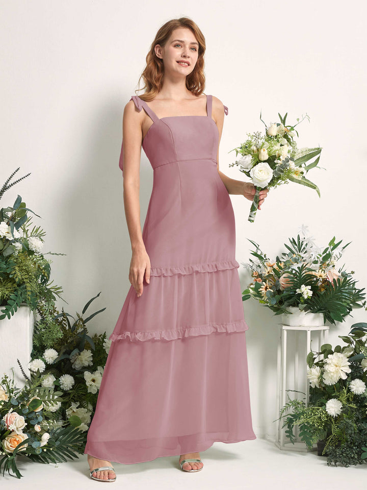 Carlyna Vestido Línea A Hasta el Suelo Escote Derecho Volantes Gasa dama de honor Malva Clásico 