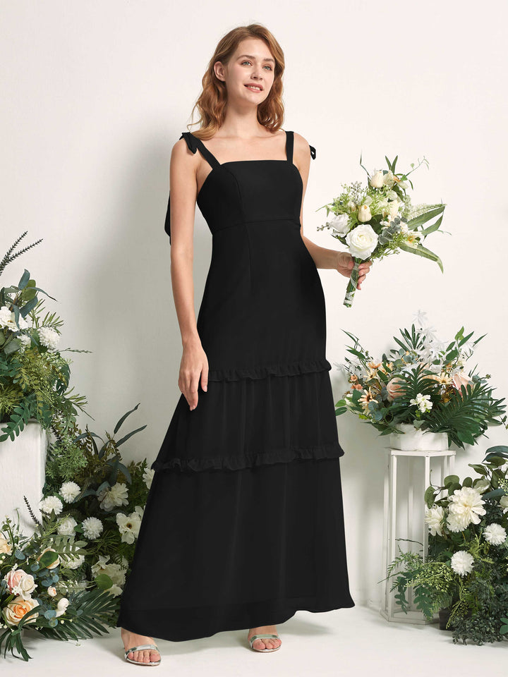 Carlyna Vestido Línea A Hasta el Suelo Escote Derecho Volantes Gasa dama de honor Negro 