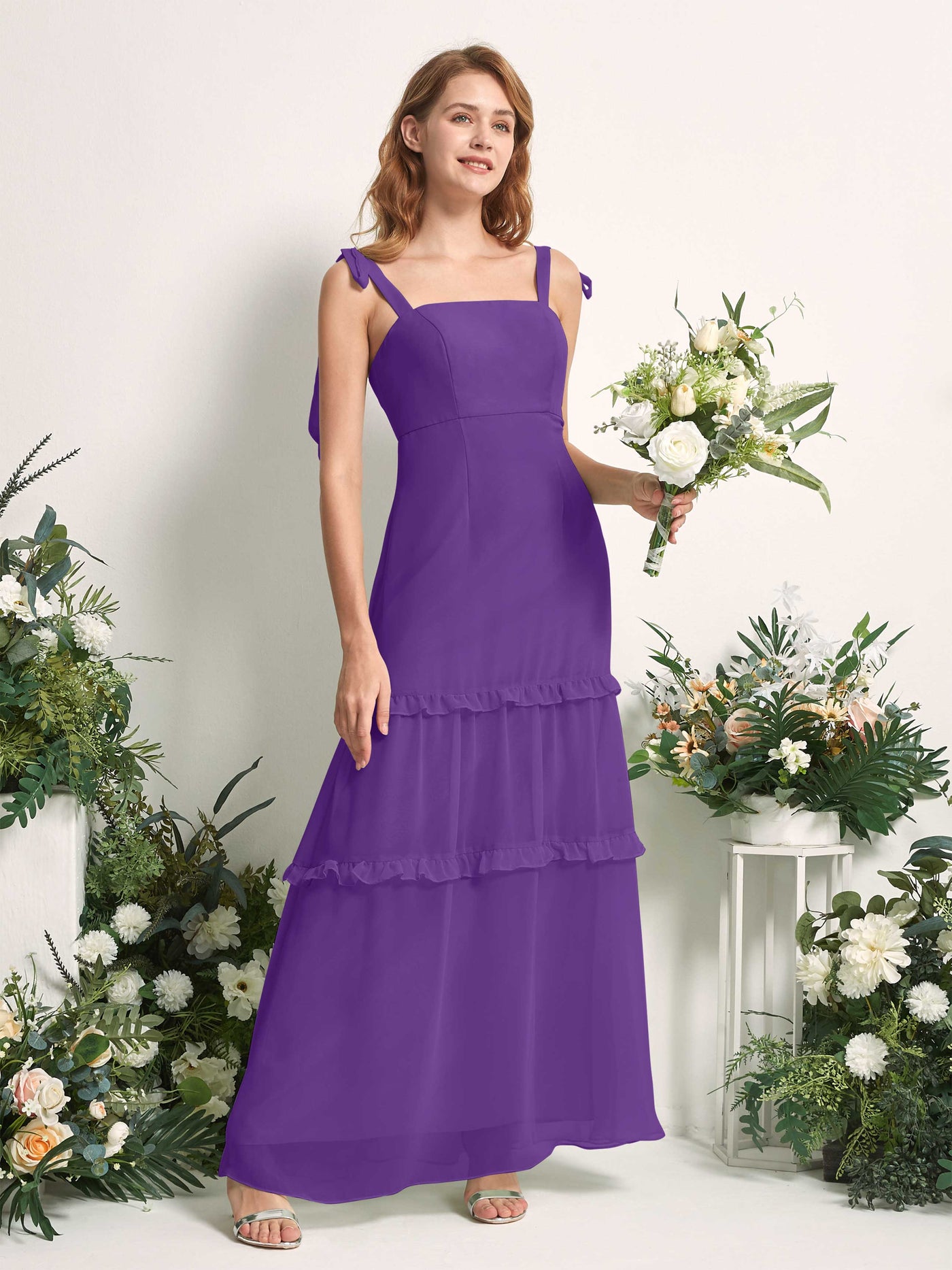 Carlyna Vestido Línea A Hasta el Suelo Escote Derecho Volantes Gasa dama de honor Regencia #color_regencia