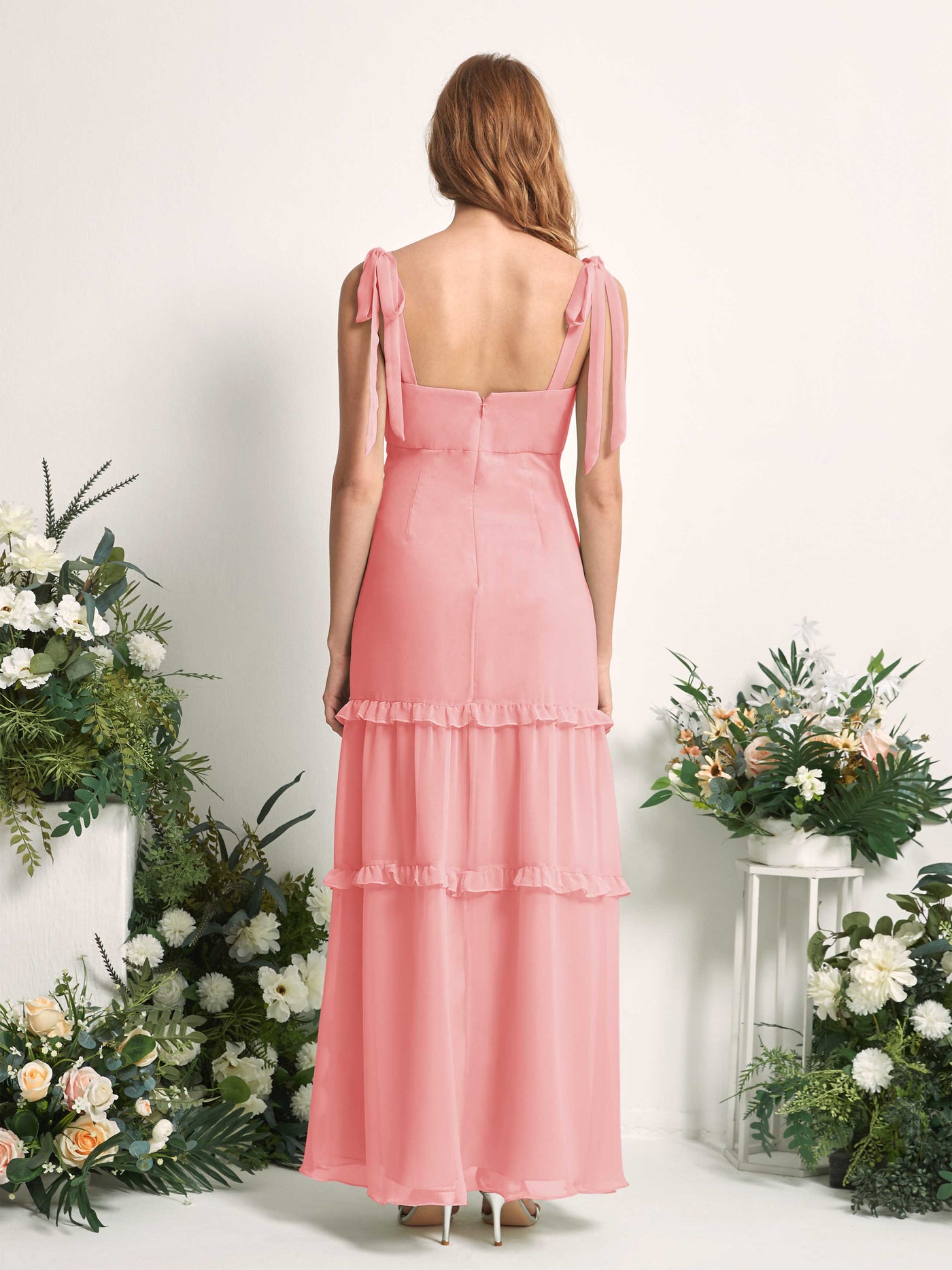 Carlyna Vestido Línea A Hasta el Suelo Escote Derecho Volantes Gasa dama de honor Rosa Ballet #color_rosa-ballet
