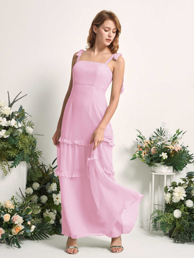 Carlyna Vestido Línea A Hasta el Suelo Escote Derecho Volantes Gasa dama de honor Rosa Caramelo #color_rosa-caramelo