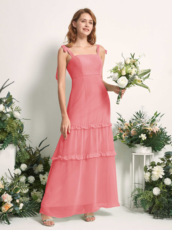 Carlyna Vestido Línea A Hasta el Suelo Escote Derecho Volantes Gasa dama de honor Rosa Coral 