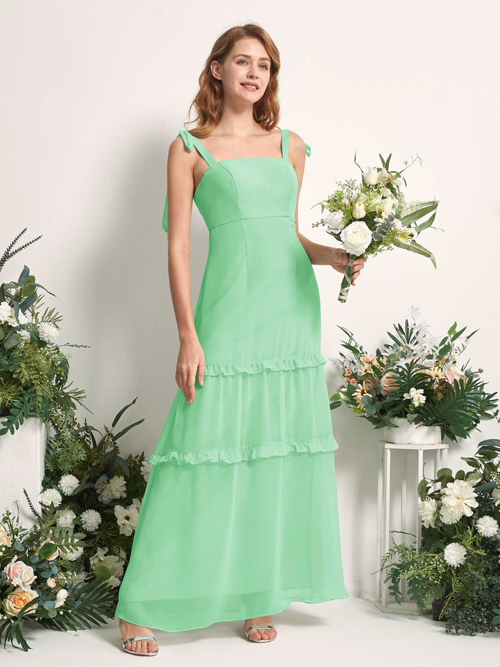 Carlyna Vestido Línea A Hasta el Suelo Escote Derecho Volantes Gasa dama de honor Verde Menta 
