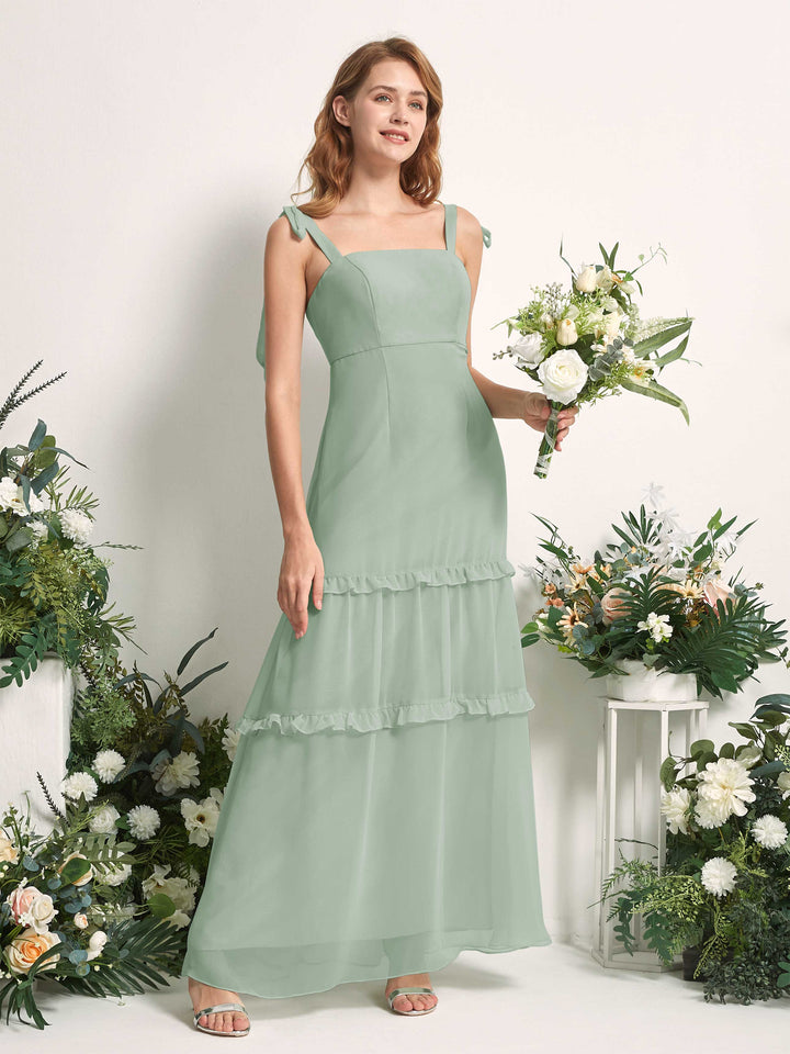 Carlyna Vestido Línea A Hasta el Suelo Escote Derecho Volantes Gasa dama de honor Verde Salvia 