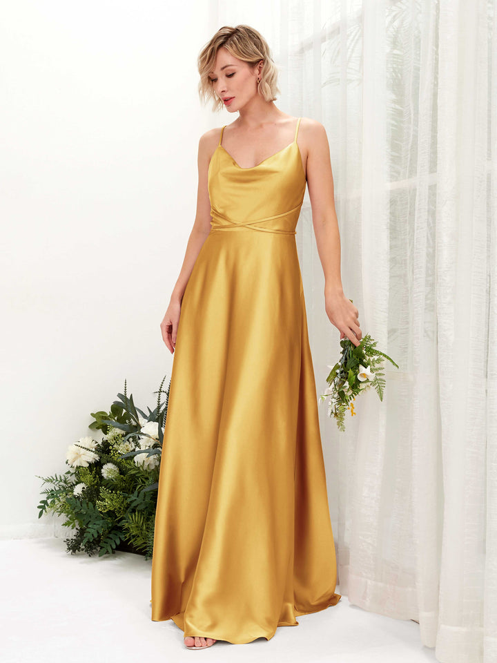 Carlyna Vestido Línea A Hasta el Suelo Escote Drapeado Vestidos de Dama de Honor Amarillo Canario 