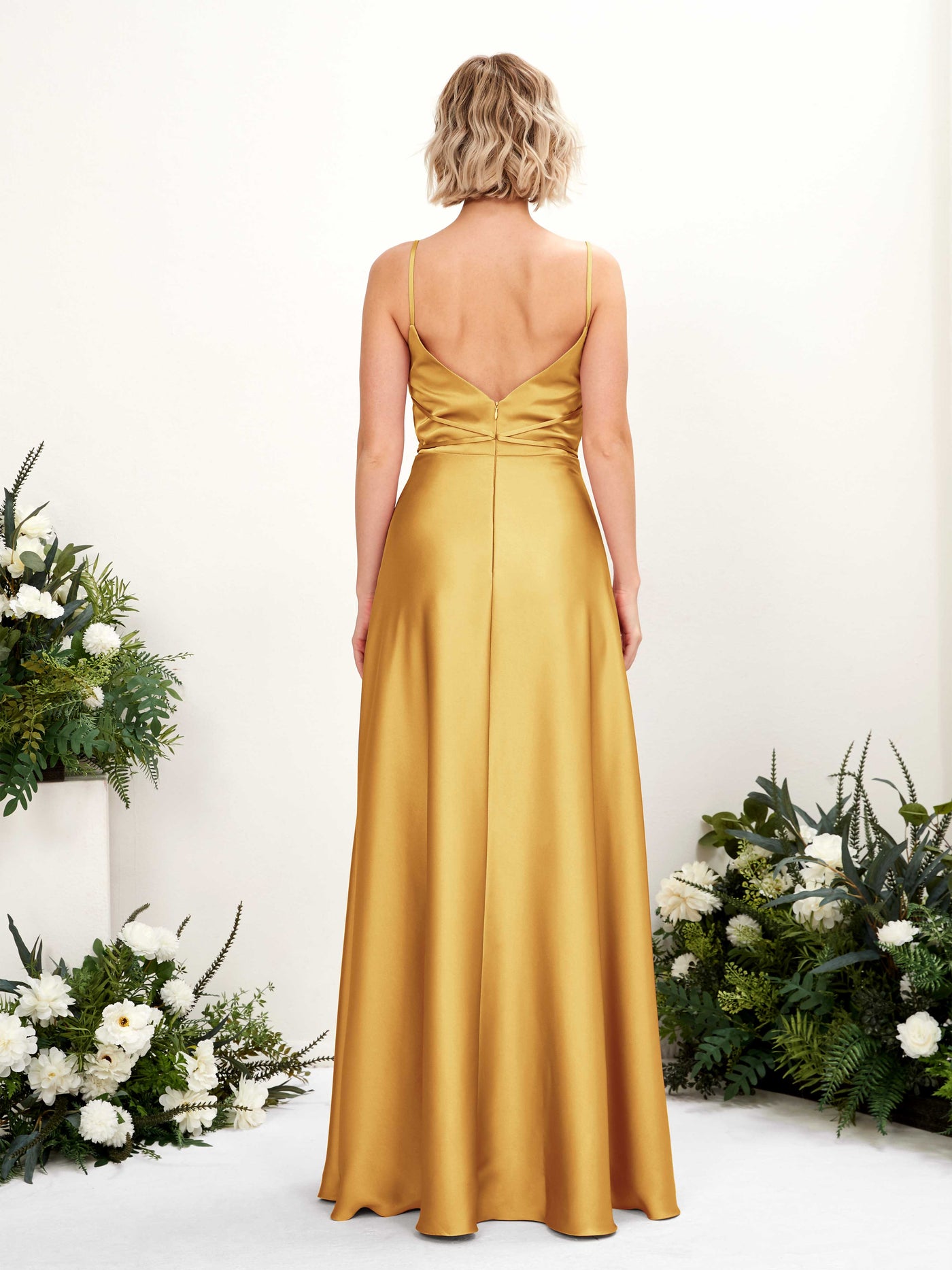 Carlyna Vestido Línea A Hasta el Suelo Escote Drapeado Vestidos de Dama de Honor Amarillo Canario #color_amarillo-canario