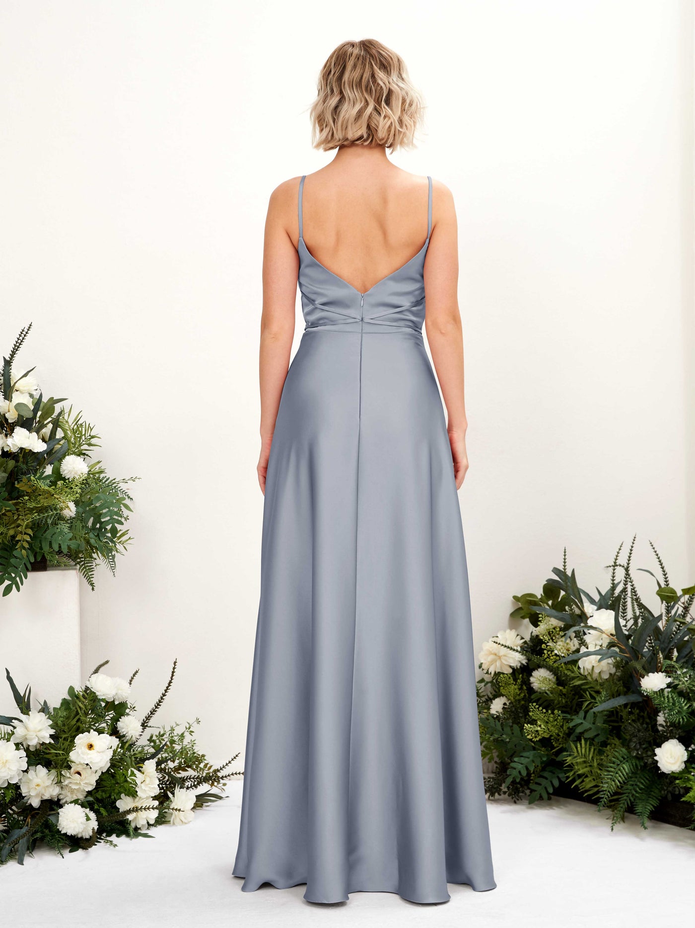 Carlyna Vestido Línea A Hasta el Suelo Escote Drapeado Vestidos de Dama de Honor Azul Polvoriento #color_azul-polvoriento