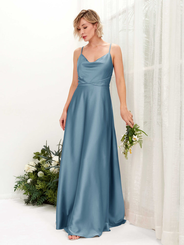 Carlyna Vestido Línea A Hasta el Suelo Escote Drapeado Vestidos de Dama de Honor Azul Tinta 