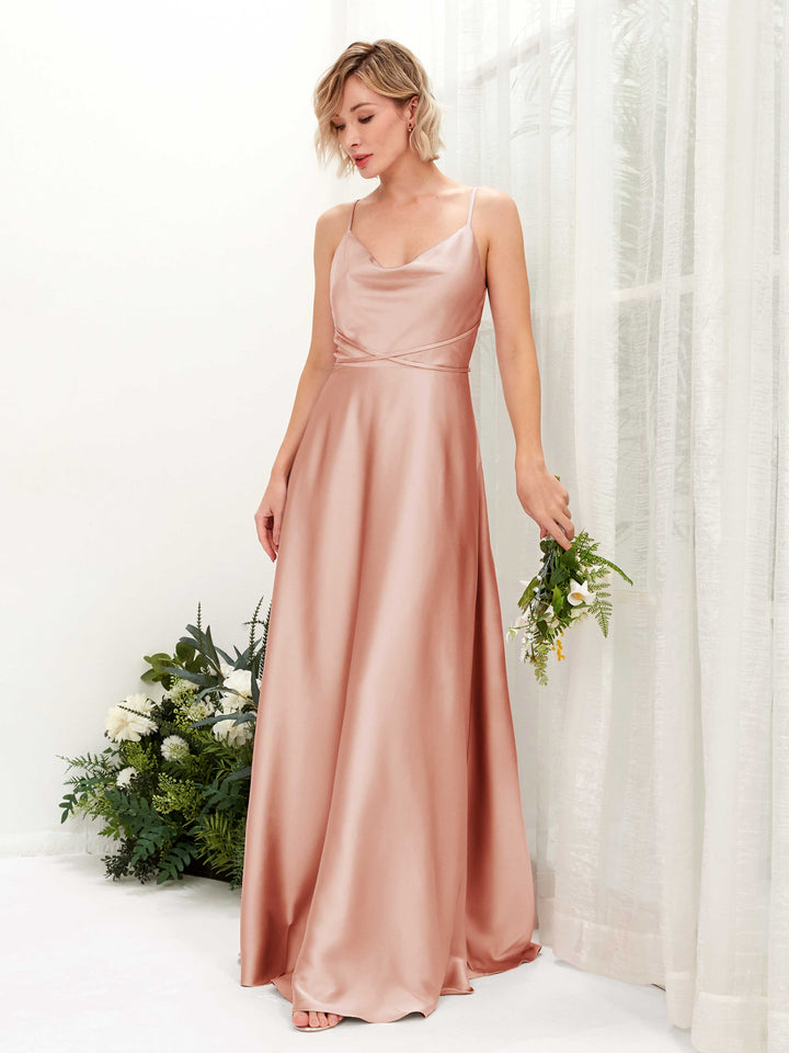 Carlyna Vestido Línea A Hasta el Suelo Escote Drapeado Vestidos de Dama de Honor Cantalupo 
