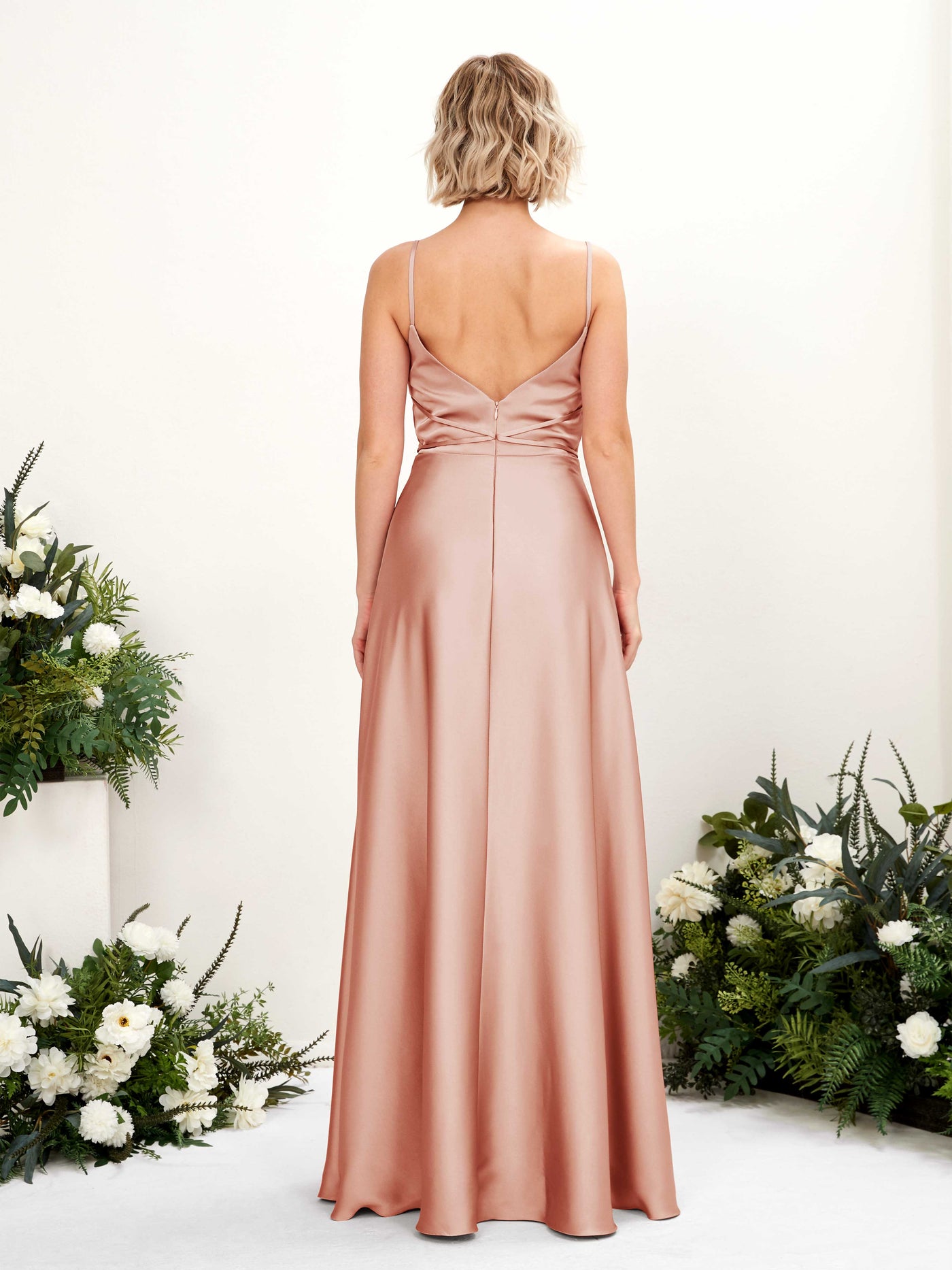Carlyna Vestido Línea A Hasta el Suelo Escote Drapeado Vestidos de Dama de Honor Cantalupo #color_cantalupo