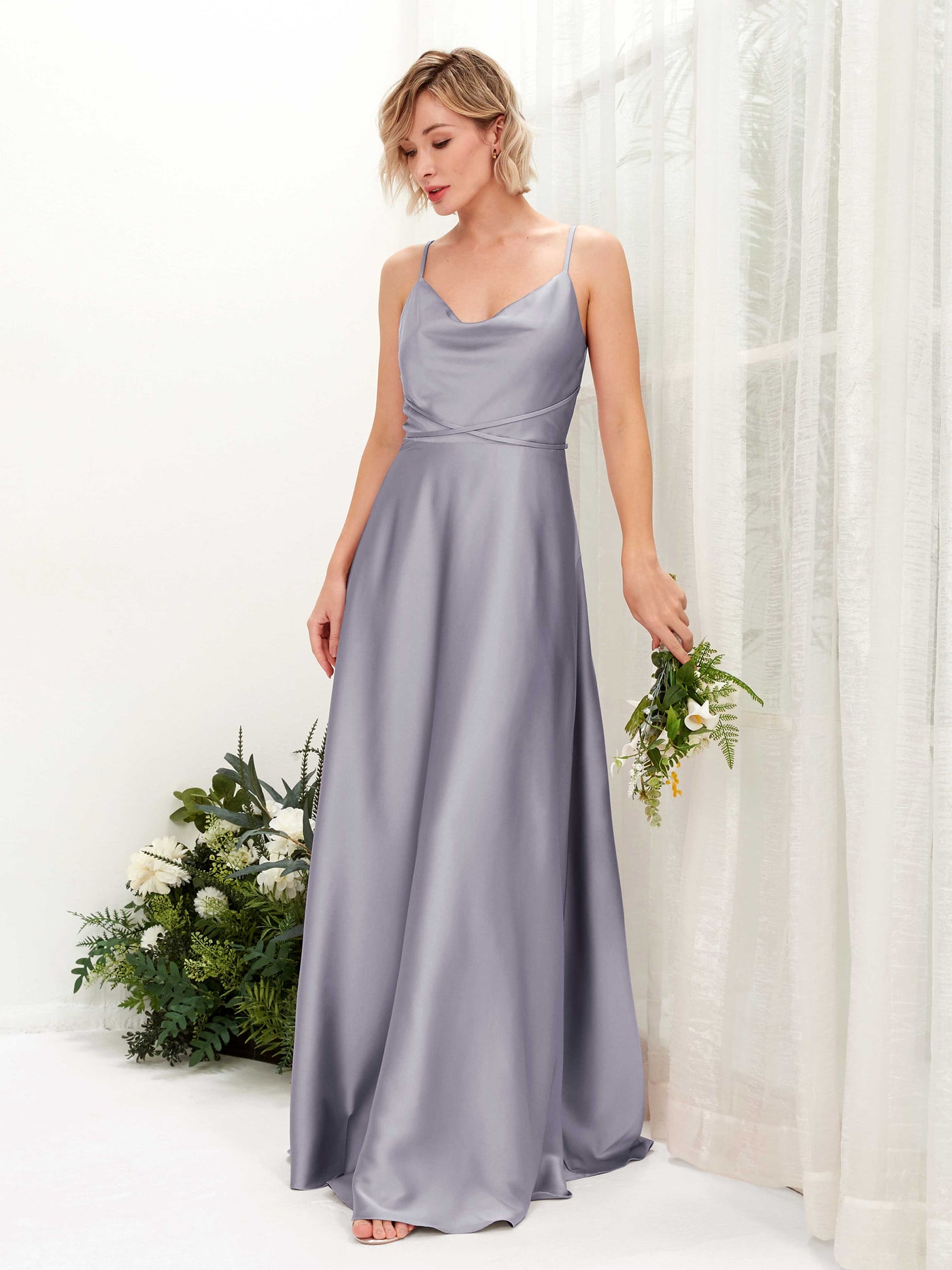 Carlyna Vestido Línea A Hasta el Suelo Escote Drapeado Vestidos de Dama de Honor Niebla Púrpura #color_niebla-p-rpura