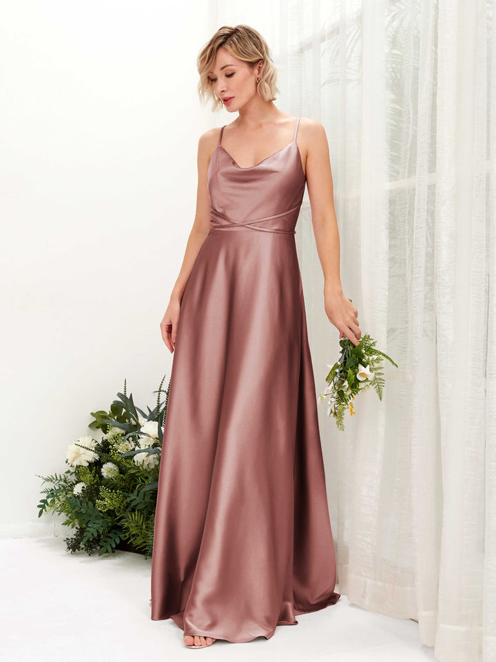 Carlyna Vestido Línea A Hasta el Suelo Escote Drapeado Vestidos de Dama de Honor Rosa Del Desierto 