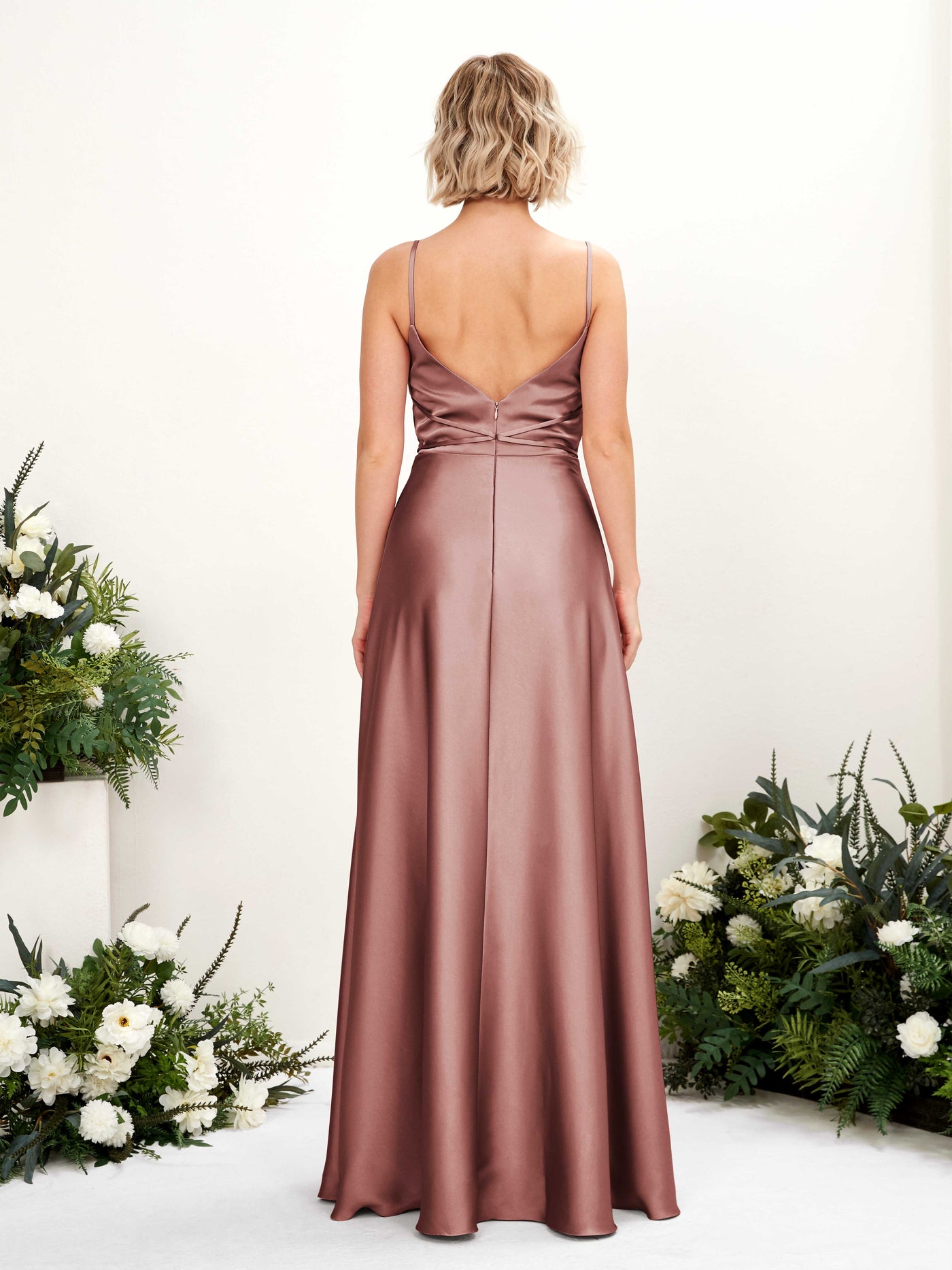 Carlyna Vestido Línea A Hasta el Suelo Escote Drapeado Vestidos de Dama de Honor Rosa Del Desierto #color_rosa-del-desierto